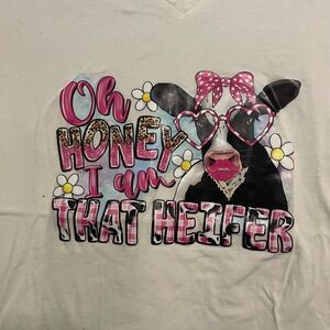 New White V Neck Graphic Tee Oh‎ Honey I Am That Heifer Cow Print Funny S